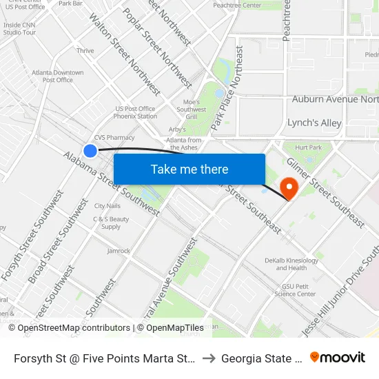 Forsyth St @ Five Points Marta Station (Northbound) to Georgia State University map