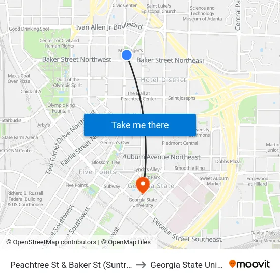Peachtree St & Baker St (Suntrust Bldg) to Georgia State University map