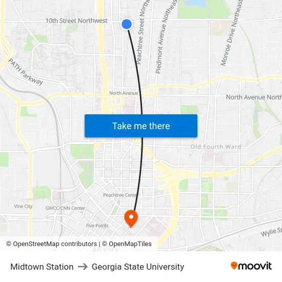 Midtown Station to Georgia State University map
