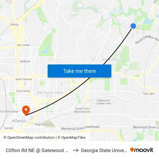 Clifton Rd NE @ Gatewood Rd NE to Georgia State University map