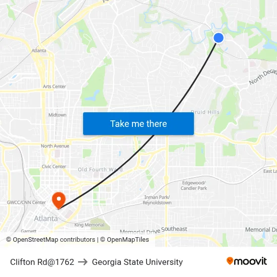 Clifton Rd@1762 to Georgia State University map