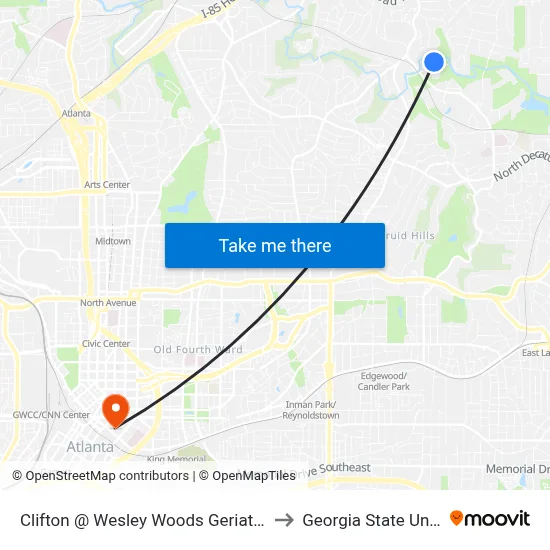 Clifton @ Wesley Woods Geriatric Hospital to Georgia State University map