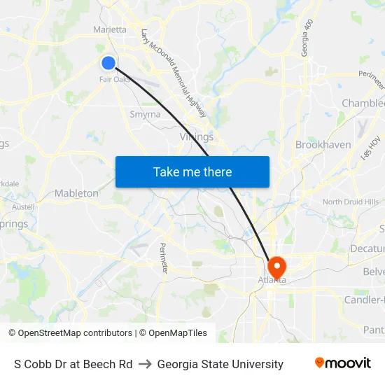S Cobb Dr at Beech Rd to Georgia State University map