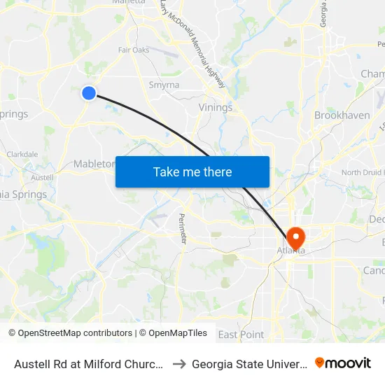Austell Rd at Milford Church Rd to Georgia State University map
