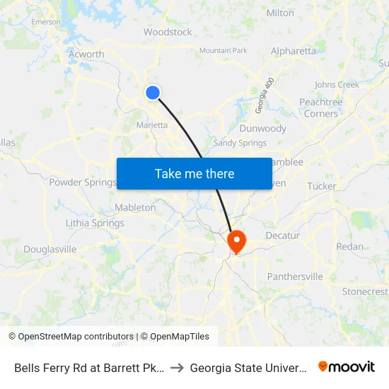 Bells Ferry Rd at Barrett Pkwy to Georgia State University map