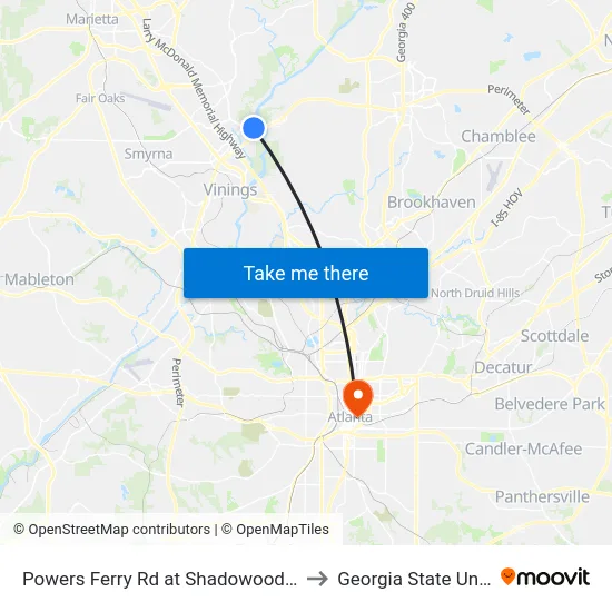 Powers Ferry Rd at Shadowood Office Park to Georgia State University map