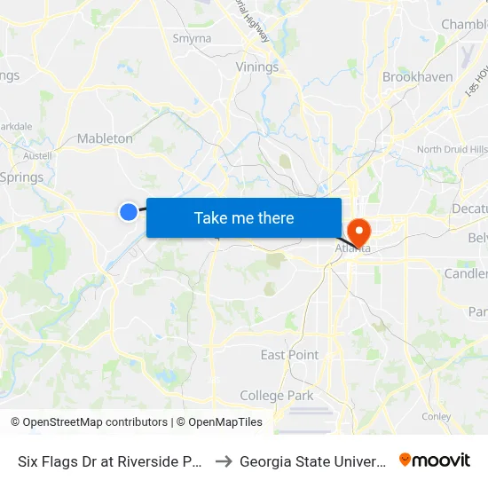 Six Flags Dr at Riverside Pkwy to Georgia State University map