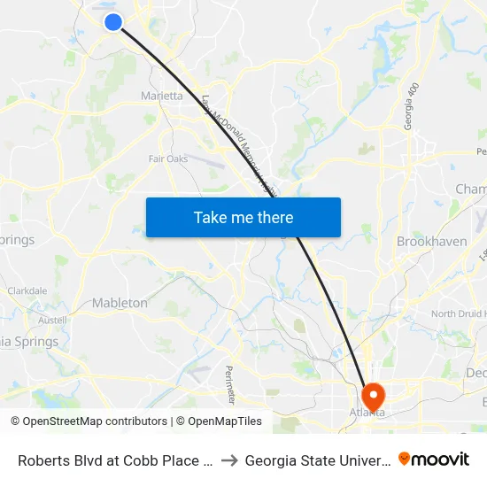 Roberts Blvd at Cobb Place Blvd to Georgia State University map