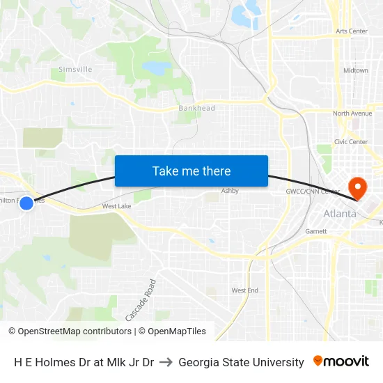 H E Holmes Dr at Mlk Jr Dr to Georgia State University map