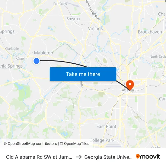 Old Alabama Rd SW at James Rd to Georgia State University map