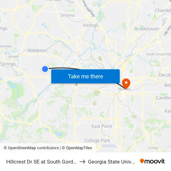 Hillcrest Dr SE at South Gordon Rd to Georgia State University map