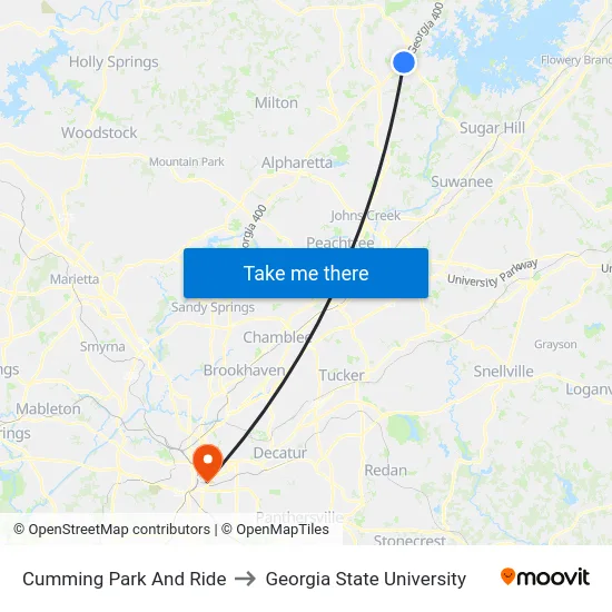 Cumming Park And Ride to Georgia State University map