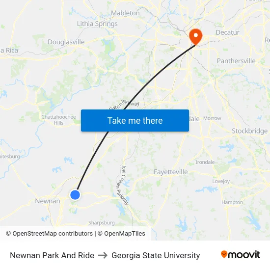 Newnan Park And Ride to Georgia State University map