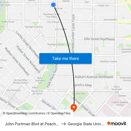 John Portman Blvd at Peachtree St to Georgia State University map