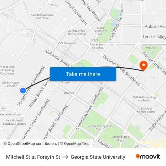 Mitchell St at Forsyth St to Georgia State University map
