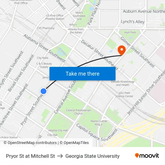 Pryor St at Mitchell St to Georgia State University map