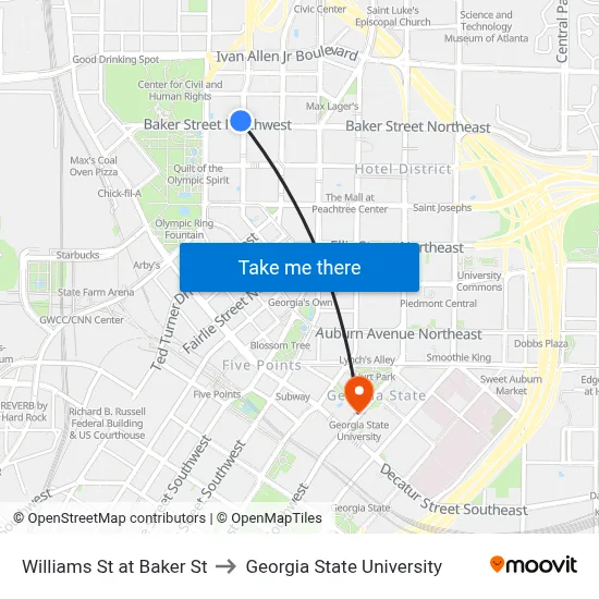 Williams St at Baker St to Georgia State University map