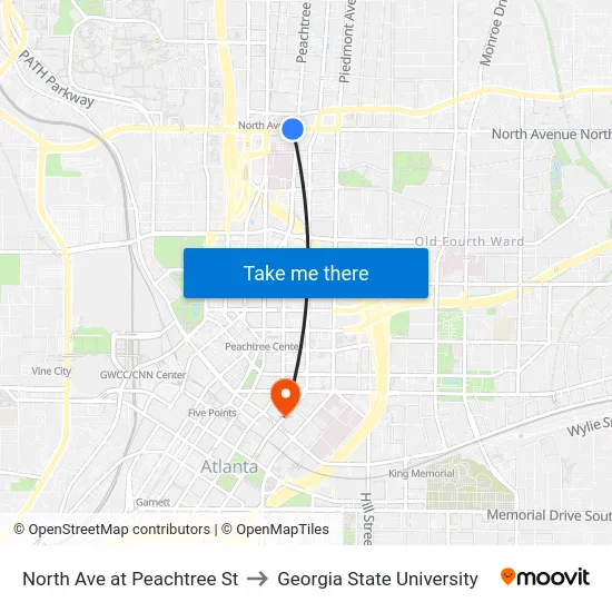 North Ave at Peachtree St to Georgia State University map