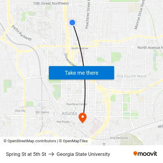 Spring St at 5th St to Georgia State University map