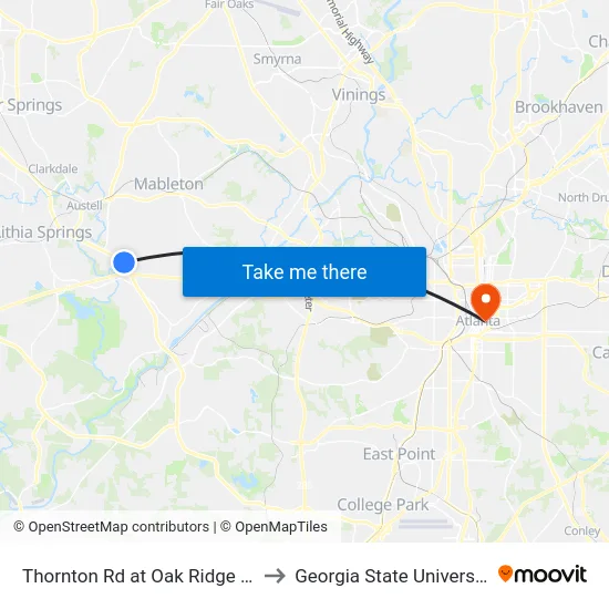 Thornton Rd at Oak Ridge Rd to Georgia State University map