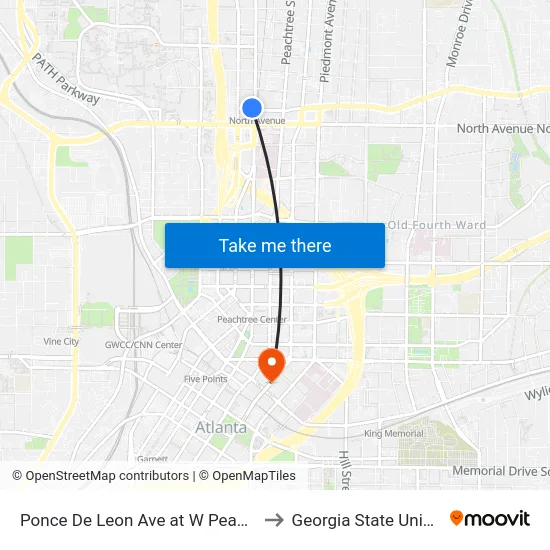 Ponce De Leon Ave at W Peachtree St to Georgia State University map