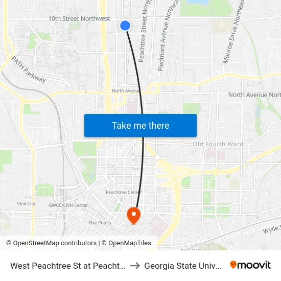 West Peachtree St at Peachtree Pl to Georgia State University map