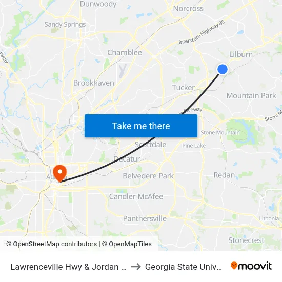 Lawrenceville Hwy & Jordan Dr Ob to Georgia State University map