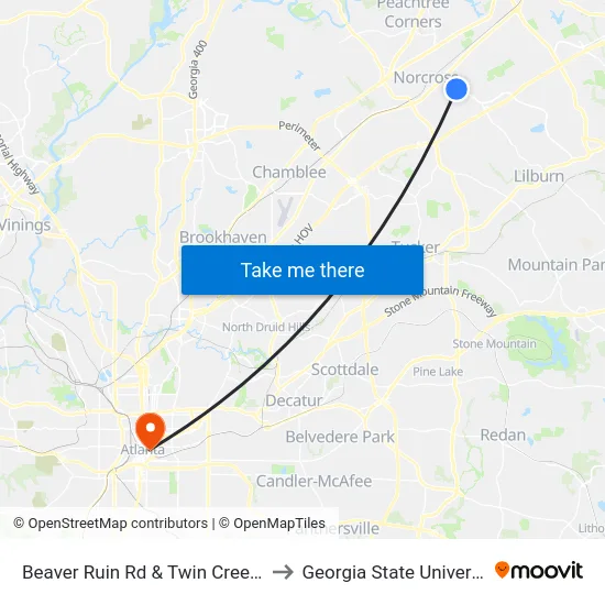 Beaver Ruin Rd & Twin Creek Dr to Georgia State University map