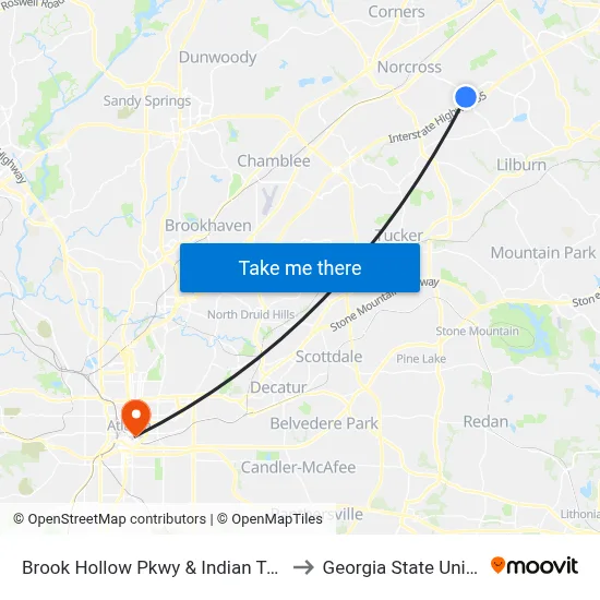 Brook Hollow Pkwy & Indian Trail Rd Ob to Georgia State University map