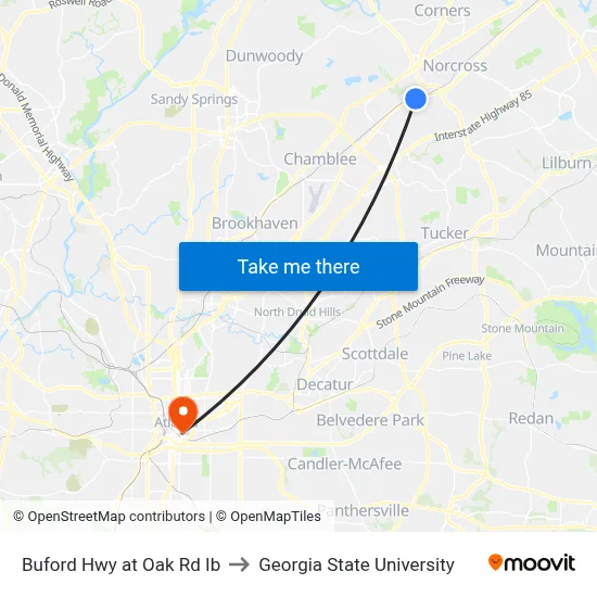 Buford Hwy at Oak Rd Ib to Georgia State University map