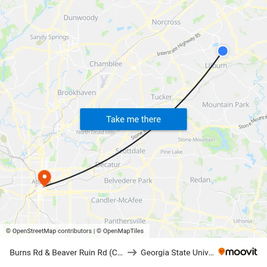 Burns Rd & Beaver Ruin Rd (Chevron) to Georgia State University map