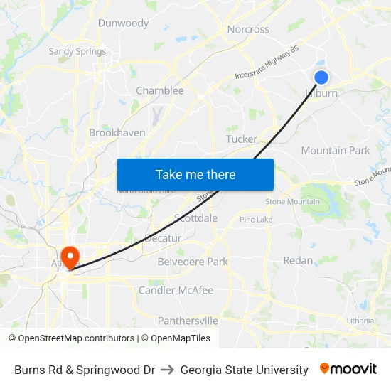 Burns Rd & Springwood Dr to Georgia State University map