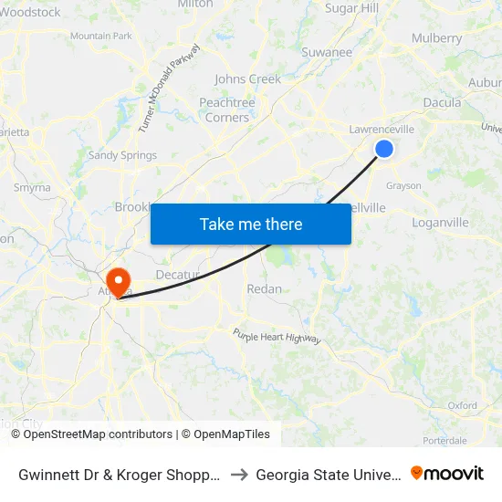 Gwinnett Dr & Kroger Shopping Ib to Georgia State University map
