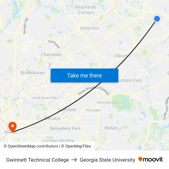 Gwinnett Technical College to Georgia State University map