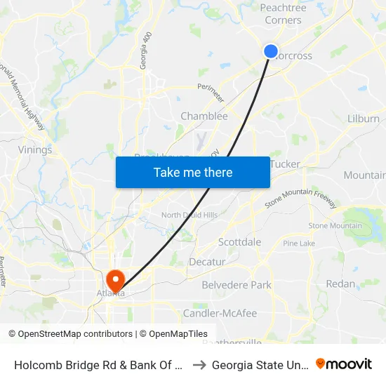 Holcomb Bridge Rd & Bank Of America Ob to Georgia State University map