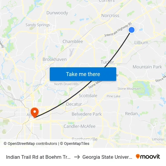 Indian Trail Rd at Boehm Travel to Georgia State University map