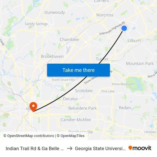 Indian Trail Rd & Ga Belle Ct to Georgia State University map