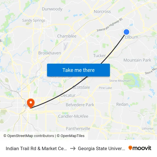 Indian Trail Rd & Market Center to Georgia State University map