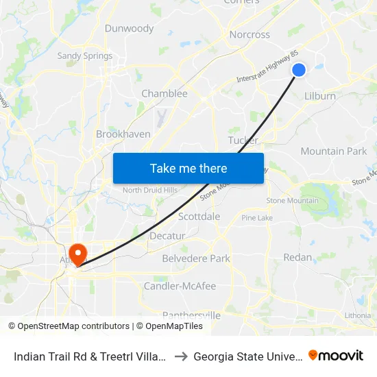 Indian Trail Rd & Treetrl Village Plz to Georgia State University map
