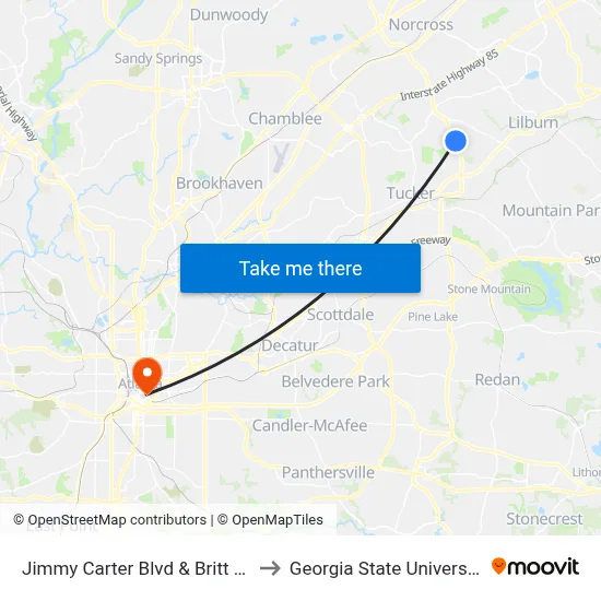Jimmy Carter Blvd & Britt Rd to Georgia State University map