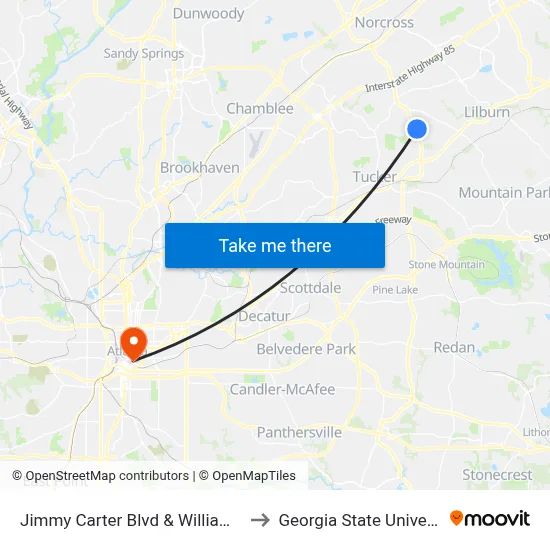 Jimmy Carter Blvd & Williams Rd to Georgia State University map