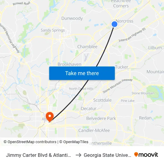 Jimmy Carter Blvd & Atlantic Blvd to Georgia State University map