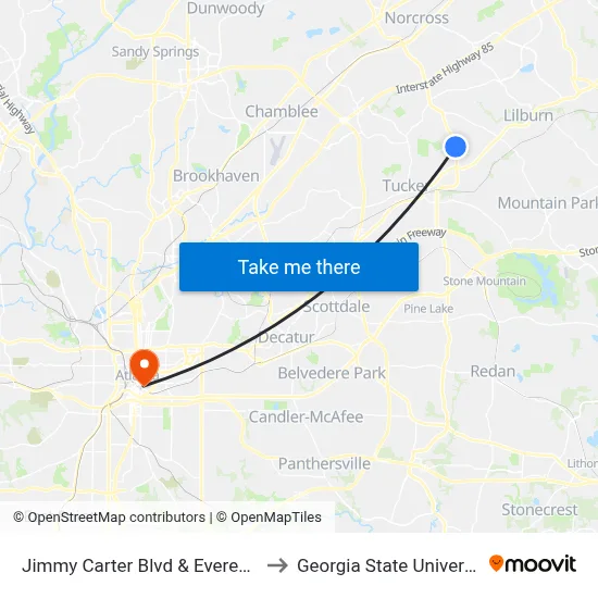 Jimmy Carter Blvd & Everest Tr to Georgia State University map