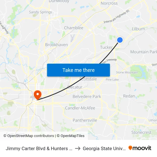 Jimmy Carter Blvd & Hunters Club Ln to Georgia State University map