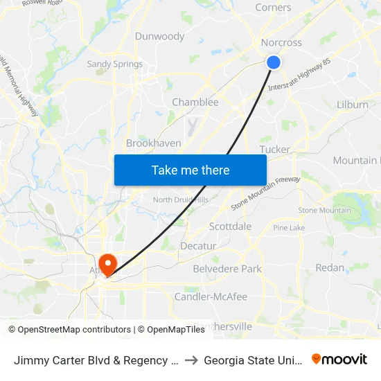 Jimmy Carter Blvd & Regency Pkwy Ob to Georgia State University map
