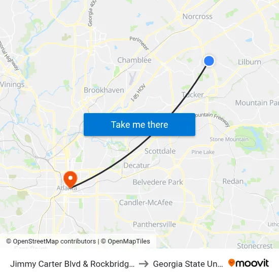 Jimmy Carter Blvd & Rockbridge Rd (Ihop) to Georgia State University map