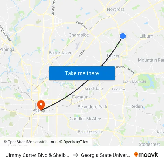 Jimmy Carter Blvd & Shelby Dr to Georgia State University map