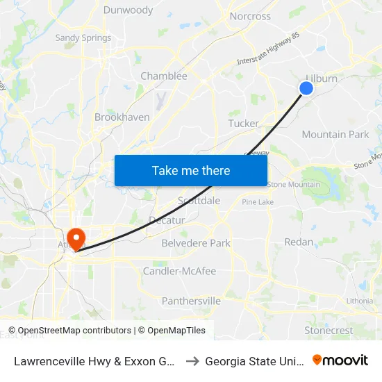 Lawrenceville Hwy & Exxon Gas Station to Georgia State University map