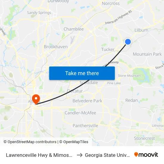 Lawrenceville Hwy & Mimosa Cir Ib to Georgia State University map