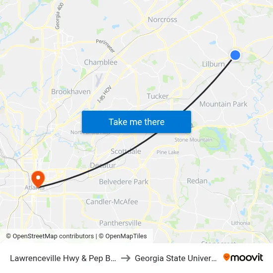 Lawrenceville Hwy & Pep Boys to Georgia State University map
